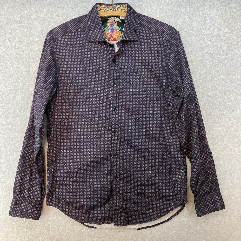 Robert Graham S Men's Button Up Shirt Black Geometric Pattern Purple Green